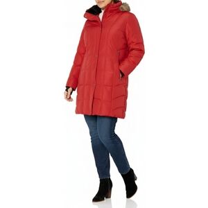 Calvin Klein Red Puffer Coat XL Faux Fur Lined Quilted Winter Jacket No Hood